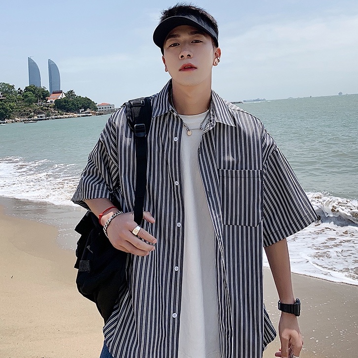 Áo Sơ Mi Tay Ngắn Họa Tiết Sọc Thời Trang Phong Cách Hàn Cho Nam