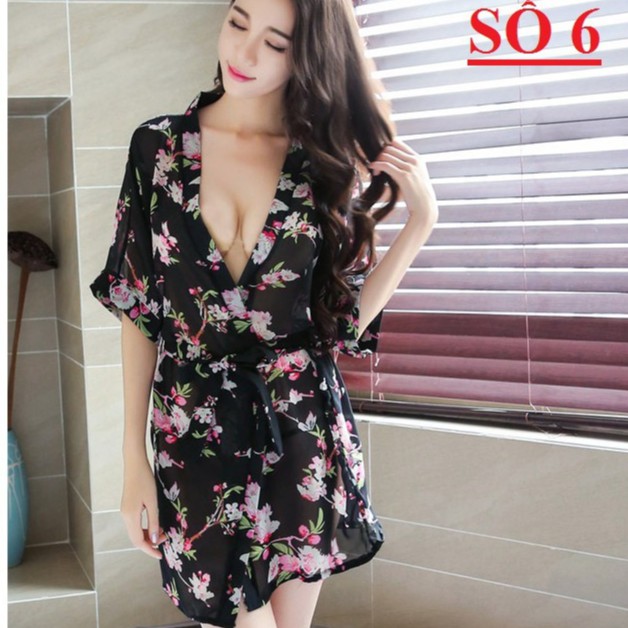Áo choàng ngủ kimono chiffon hoa freesize 40-60kg kèm quần lót nữ VN100012 | BigBuy360 - bigbuy360.vn
