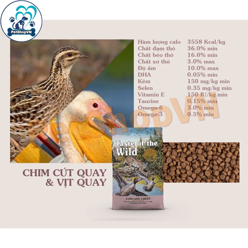 Thức Ăn Cho Mèo Hạt TASTE OF THE WILD LOWLAND CREEK Bao 6.6Kg Vị Chim Cút Và Vịt Quay