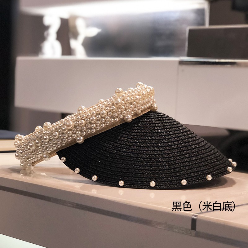 Mũ Cói Che Nắng Vành Hở Chóp Đính Ngọc Trai Phong Cách Hàn Quốc Cho Nữ