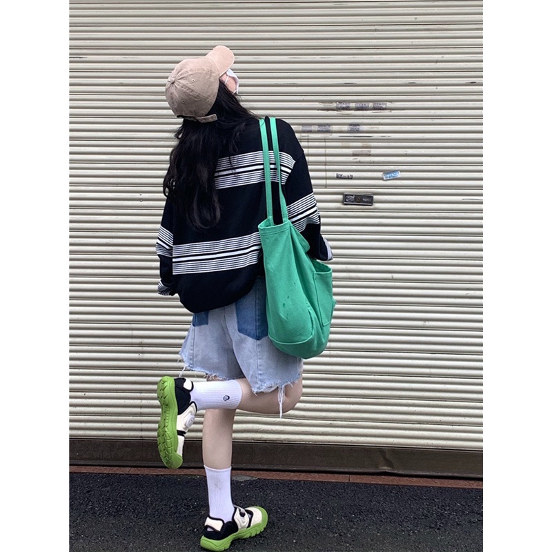 Áo sweater nữ form rộng hàn quốc 2021, áo sweater nữ nỉ dài tay sọc ngang đen trắng