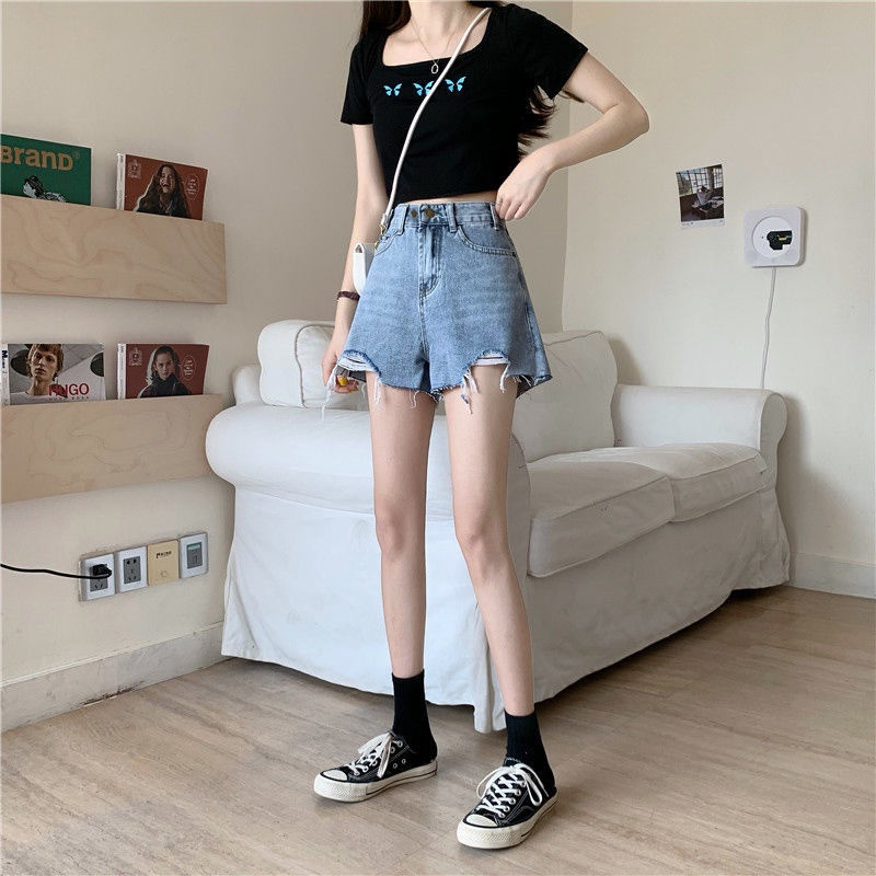Quần Short Denim Lưng Cao Ống Rộng Theo Phong Cách Retro Hàn Quốc