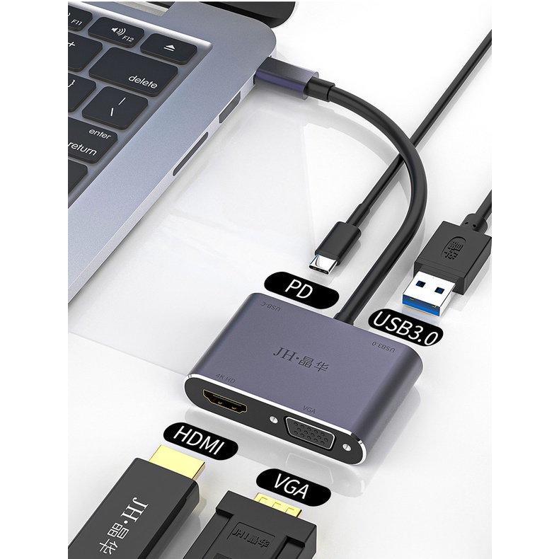 Hub Usb Type-c 4 cổng HDMI, VGA, Usb và sạc 60w cho Macbook, Nintendo Switch Jinghua z343