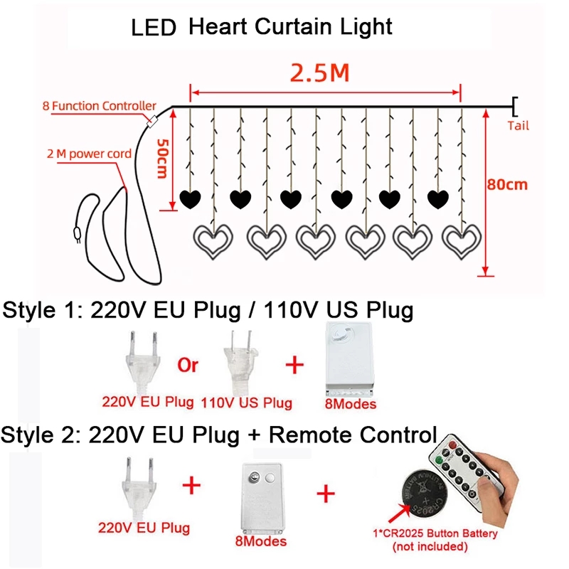 Dây Đèn Led 2.5m 138 Bóng 8 Chế Độ Hình Trái Tim Trang Trí Tiệc Cưới / Sinh Nhật