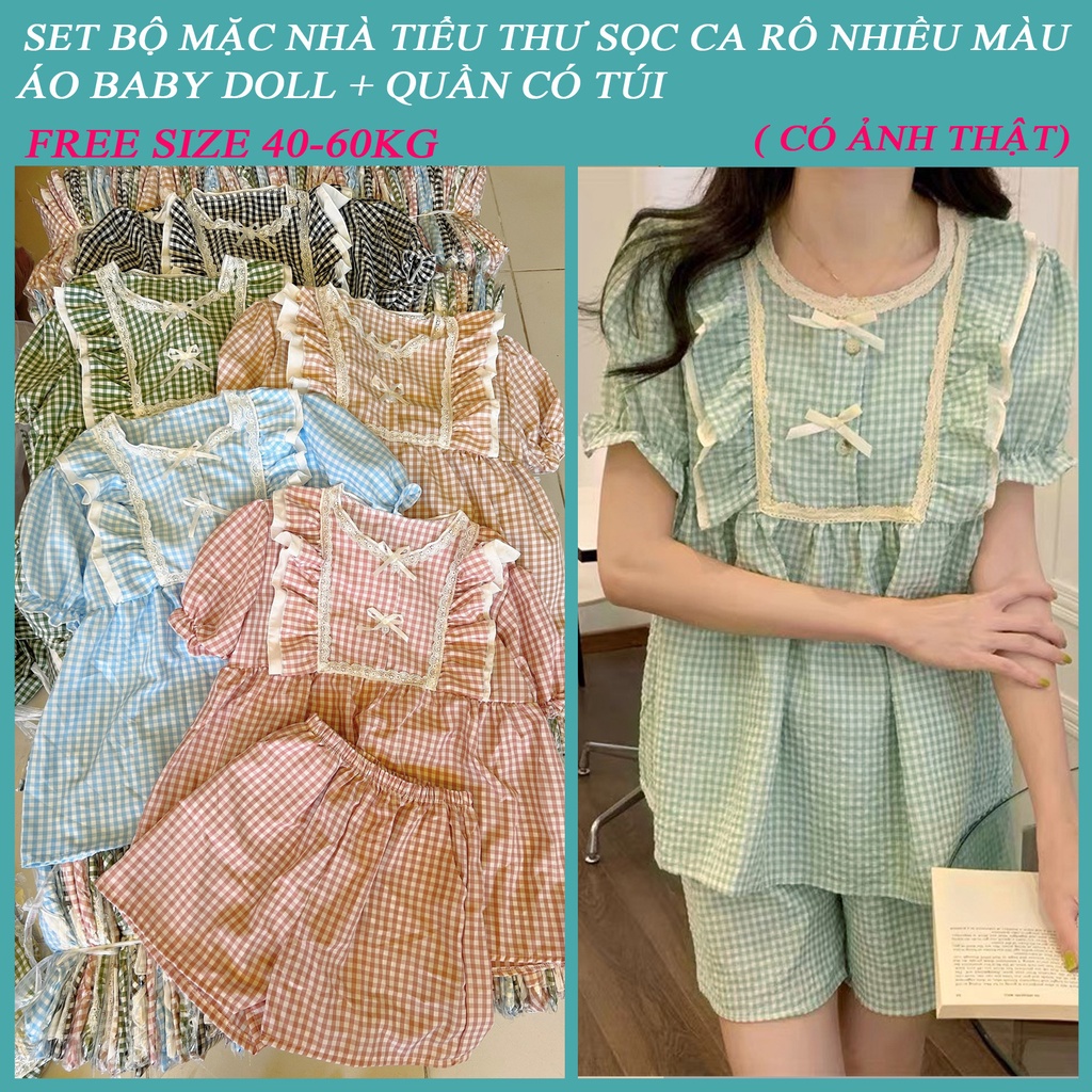 Set đồ bộ mặc nhà áo baby doll quần đùi kẻ caro phối ren dễ thương - free size 40-60kg