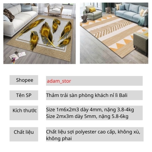 Thảm Trải Sàn Nỉ Lì Bali, Thảm Phòng Khách Size 2mx3m Vvà 1m6x2m3 Hàng Cao Cấp-Dung