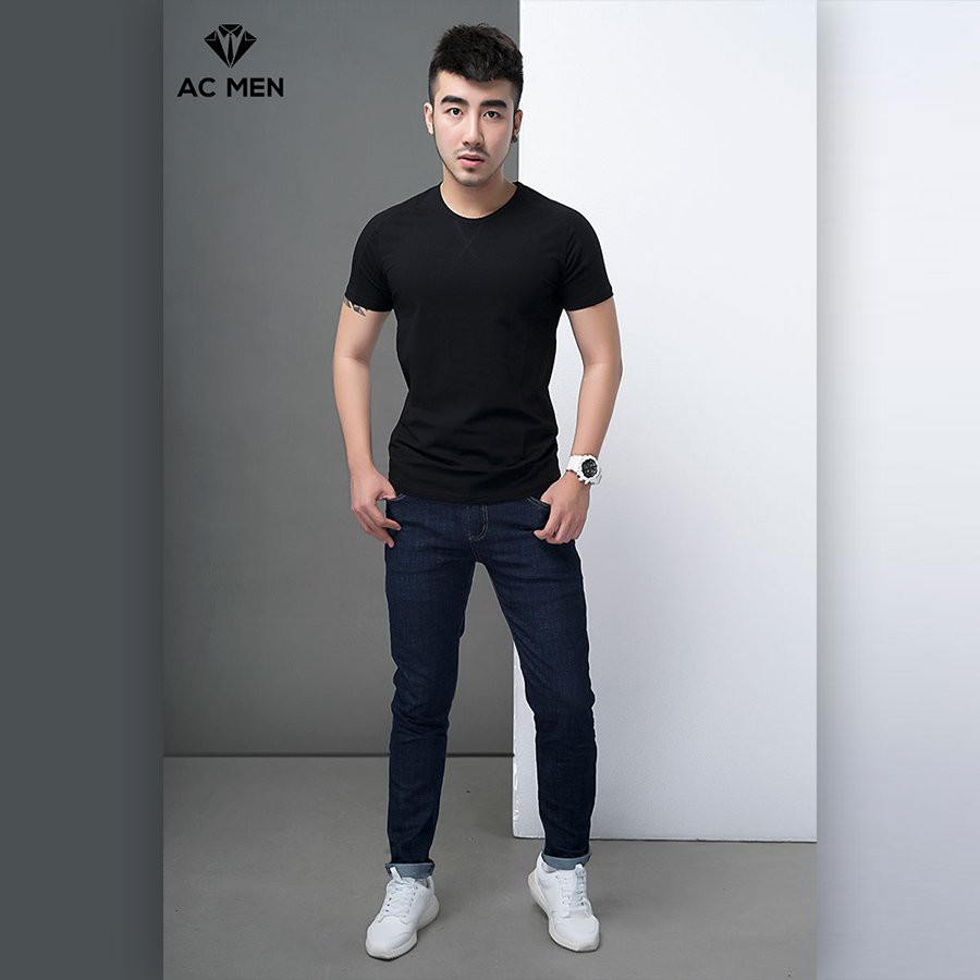 Áo Thun Nam Trơn Thêu Chỉ Nổi Form Slimfit Hai Màu Trắng Đen AC MEN | BigBuy360 - bigbuy360.vn