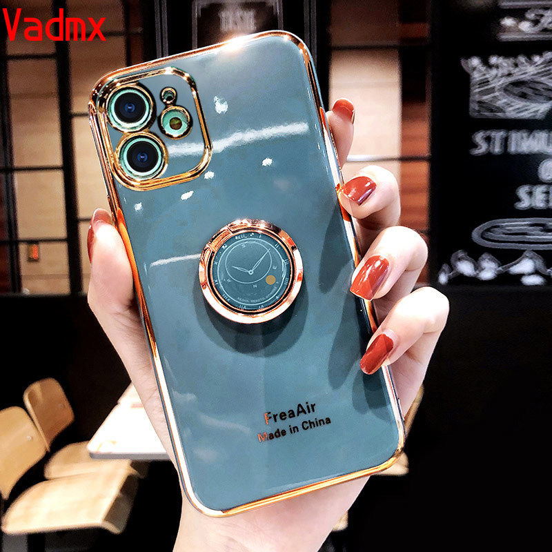 Luxury Plating Soft Silicone TPU Case Realme X2 Pro OPPO F11 F9 R17 R15 Pro A57 A39 R9 R9S F1 F3 Plus Case Finger Ring Stand Holder Cover