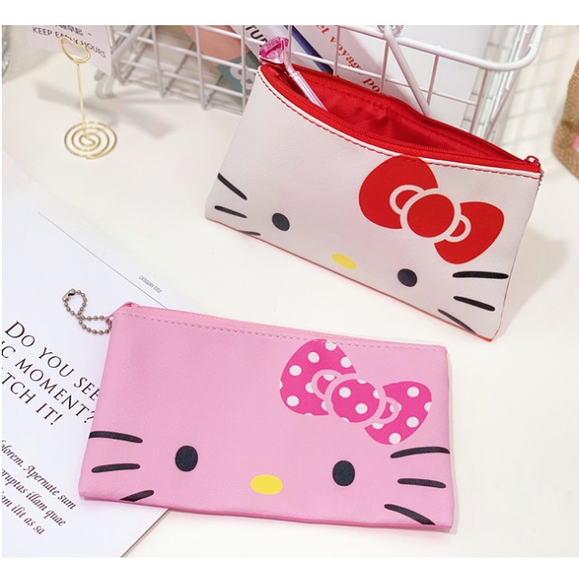 Ví đựng bút XIAODUOJIAJU da pu in hình mèo hello kitty có khóa kéo tiện dụng