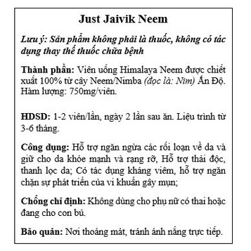 [CHÍNH HÃNG]JUST JAIVIK - NEEM TABLETS HỖ TRỢ LÀM ĐẸP DA, SẠCH MỤN