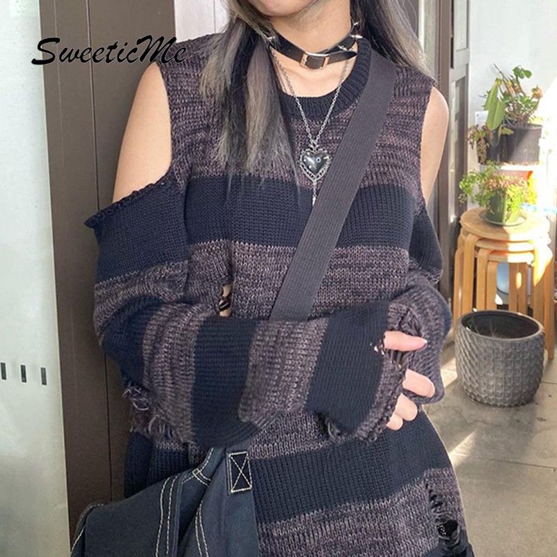 Áo Sweater Tay Dài Cổ Tròn Dáng Ôm Họa Tiết Kẻ Sọc Thời Trang   Cho Nữ