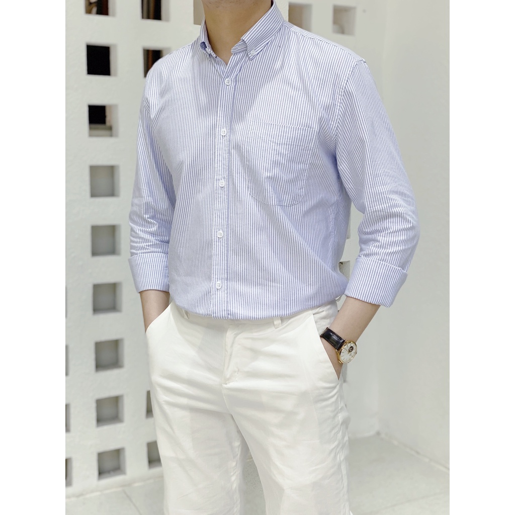 Áo Sơ Mi Nam Vải Cotton The D Cổ Đức Dài Tay Họa Tiết Xanh Sọc Trẻ Trung, Chất Liệu Thoáng Mát Thấm Hút Tốt SM 2105