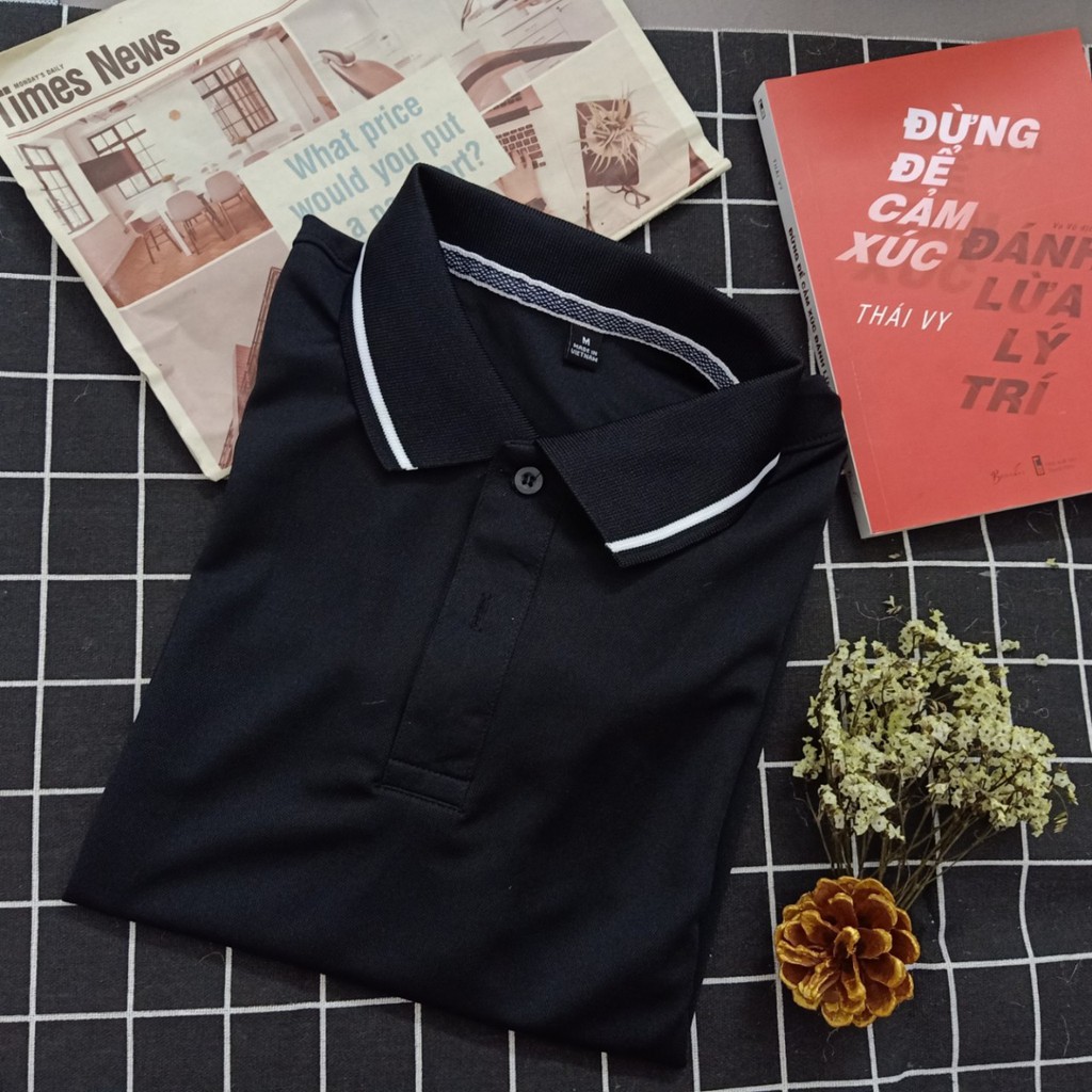 Áo thun polo nam nữ đen phối viền chất laccoste thể thao co giãn cổ bẻ ngắn tay - Nhận in thêu dồng phục theo yêu cầu