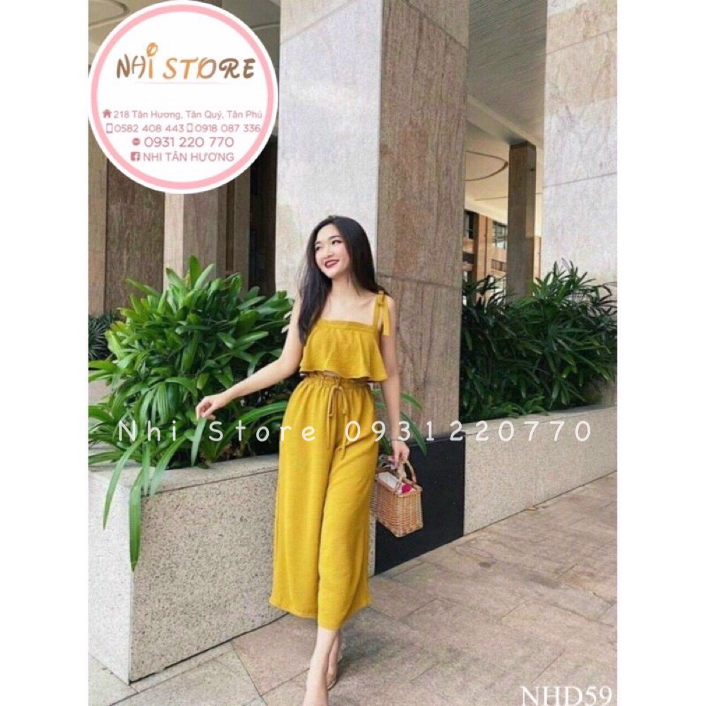 [FREESHIP 50K] Set Bộ Kiểu Nữ NHISTORE Quần DÀi Ống Rộng Áo Croptop Cột Dây Vai Freesize Dưới 57Kg