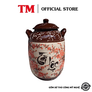 Hũ sành sứ đựng gạo, Chum ngâm rươ.u Xưởng Gốm TM Bát Tràng vẽ hoa đào tráng men có quai 25KG