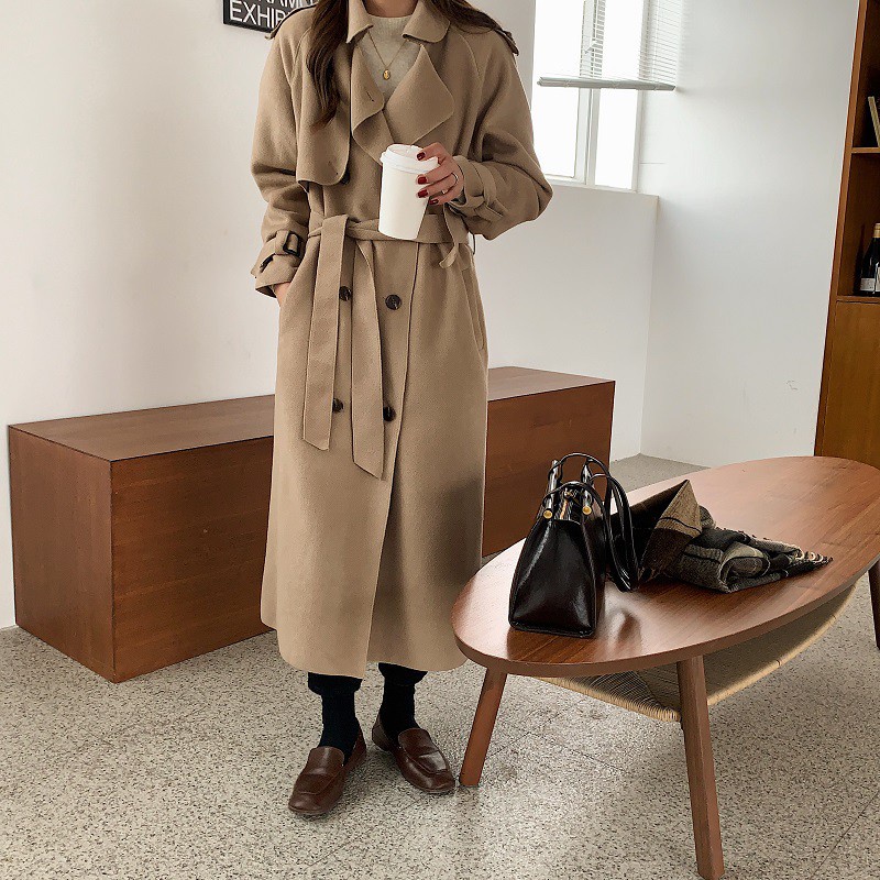 Áo khoác dạ len ép dáng dài phong cách Hàn quốc thu đông