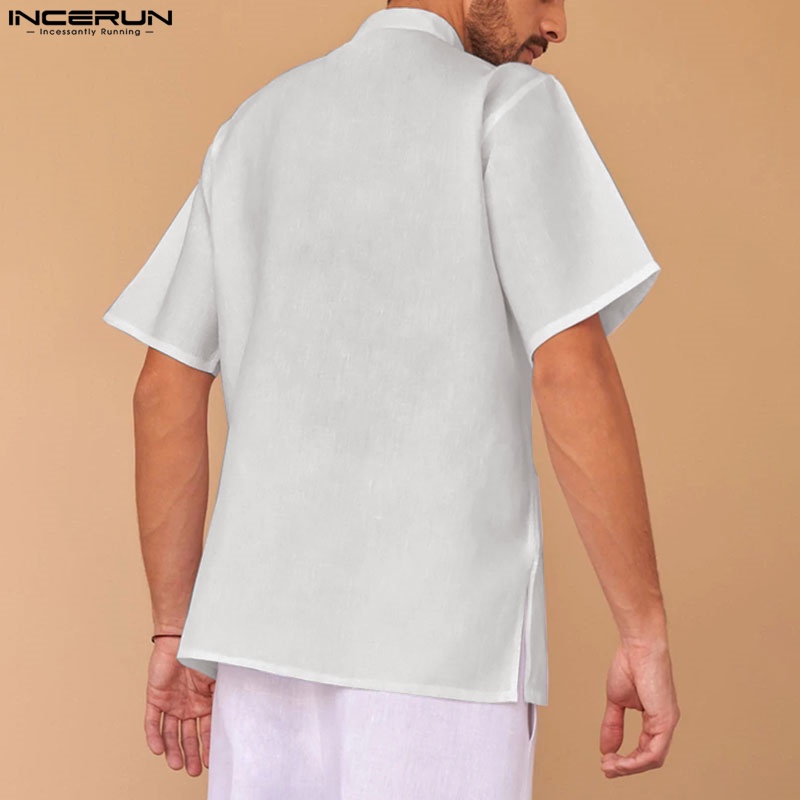 Áo sơ mi Incerun bằng cotton ngắn tay cổ đứng phối nút phong cách cổ trang Trung Hoa dành cho nam