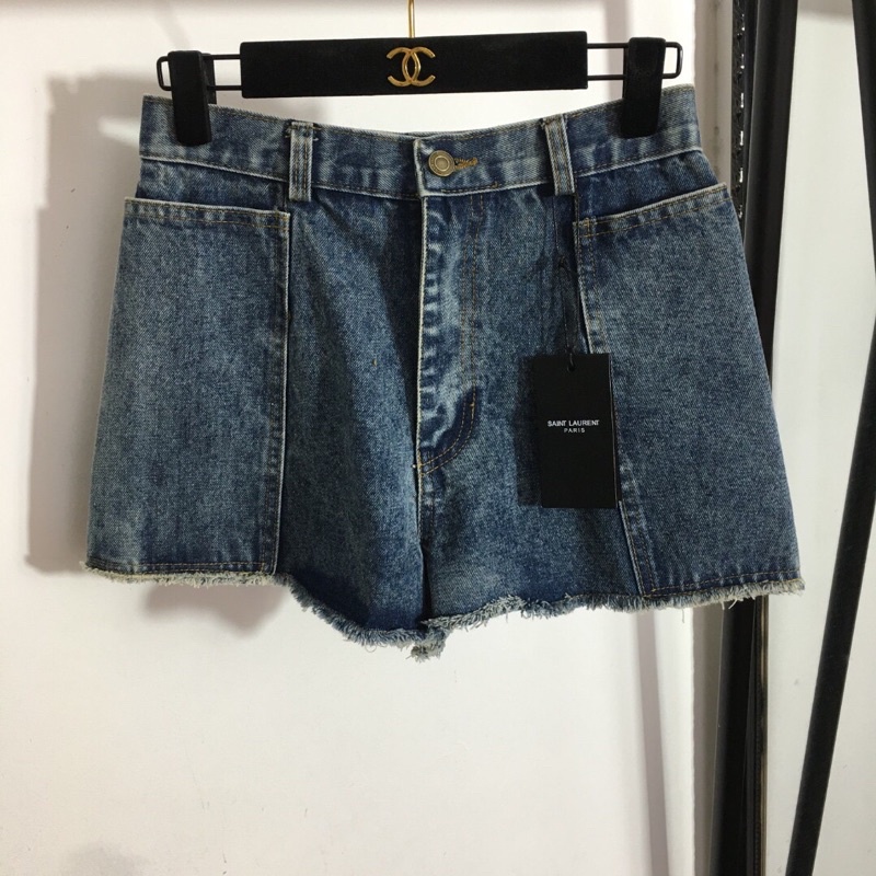 Quần short denim cạp cao viền tua rua phong cách mùa hè mới YSL Saint Laurent cao cấp