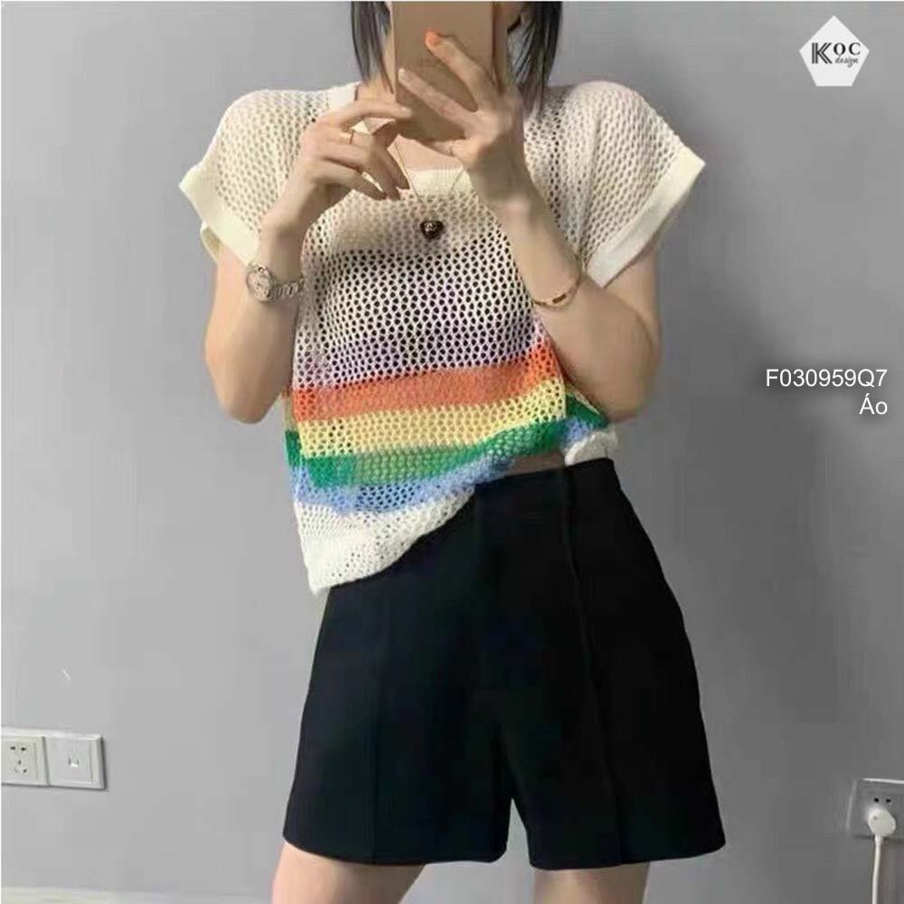 Áo kiểu len lưới phối kẻ sọc màu sát nách hàng QC!