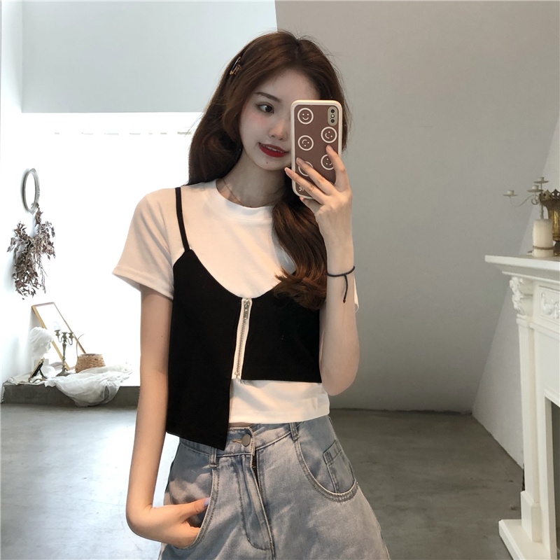 Áo Thun Tay Ngắn Phối Khóa Kéo Thời Trang Mùa Hè Hàng Mới Dành Cho Bạn Nữ
