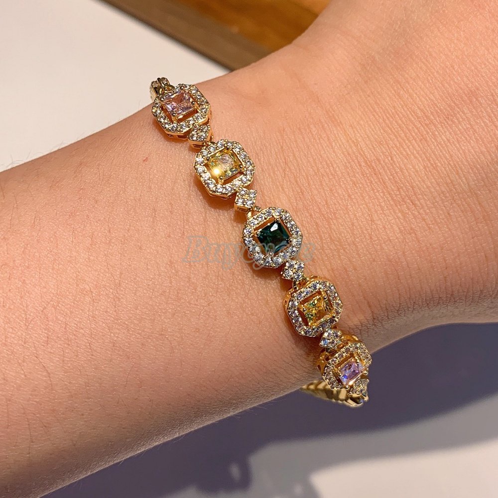 Vòng Tay Công Chúa Tourmaline Hình Vuông Đính Kim Cương Nhân Tạo Màu Sắc Thời Trang Cho Nữ