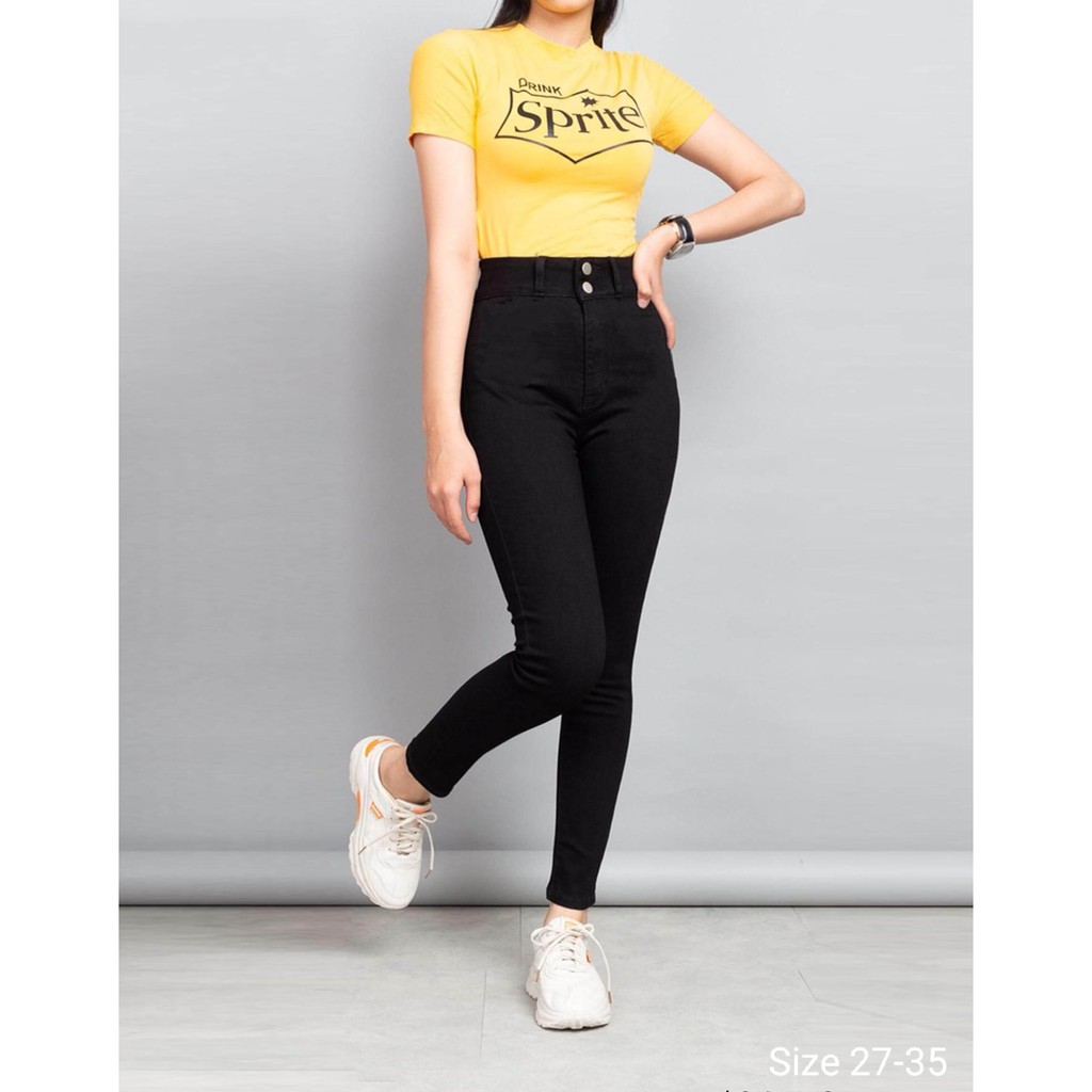 Quần jean dài nữ lưng siêu cao 2 nút màu đen có size đại