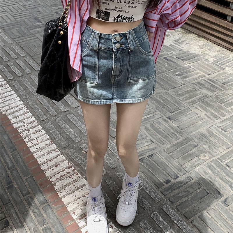Chân váy jean COZOKC lưng cao phong cách cổ điển thời trang