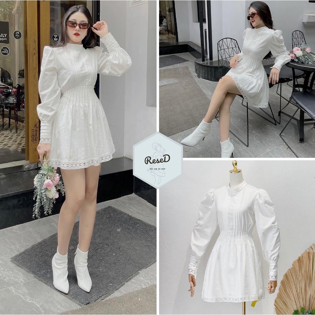 Đầm trắng xếp ly phối ren cao cấp, Váy đầm dự tiệc, đầm đi chơi sang chảnh