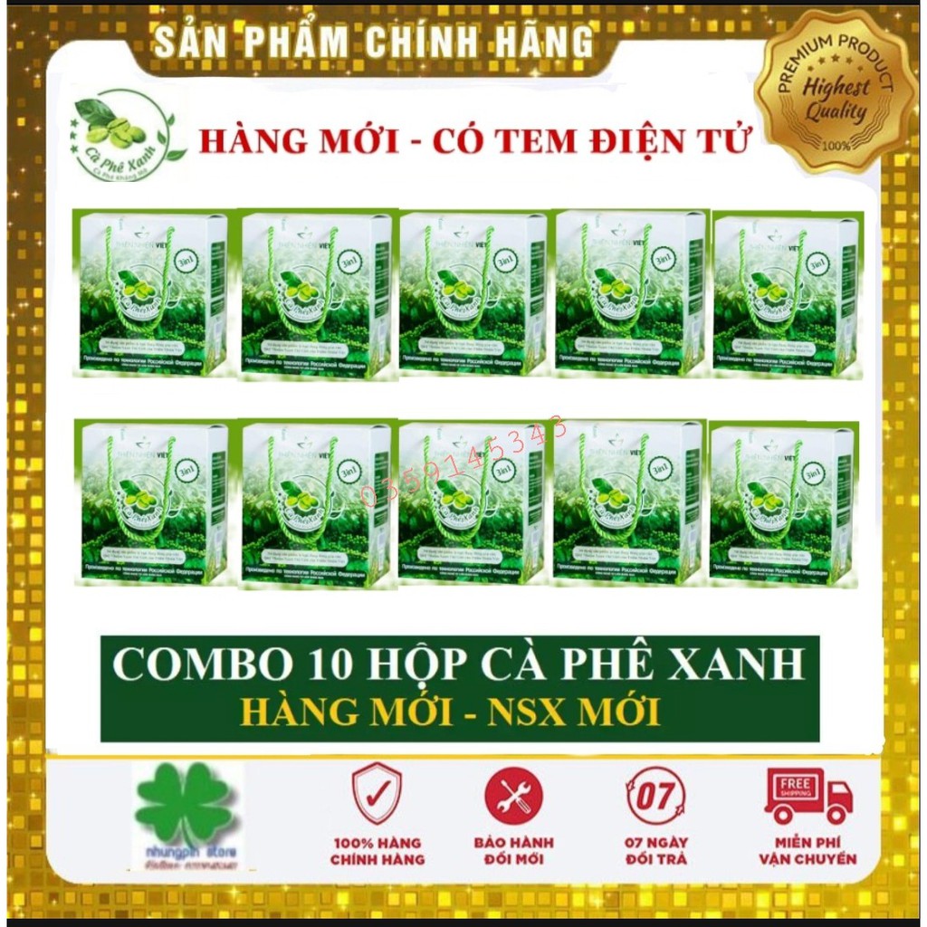 Combo 10 hộp Cà Phê Xanh 10 gói tem chính hãng
