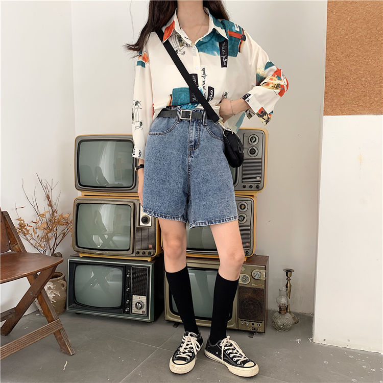 Áo Sơ Mi Tay Dài Form Rộng In Họa Tiết Phong Cách Retro Hàn Quốc