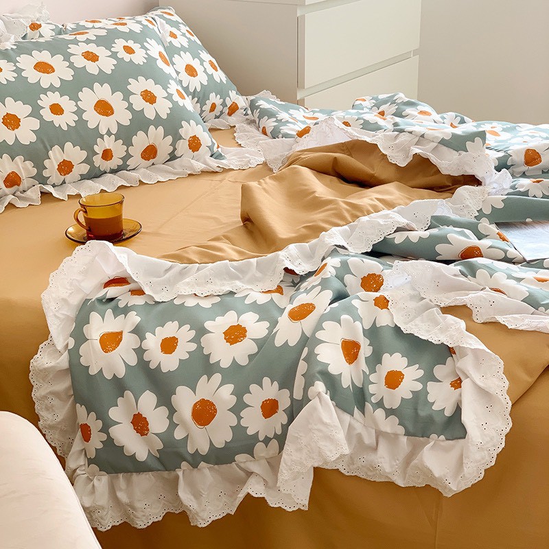 Bộ Chăn Chần Ga Gối Cotton Tencel Lidaco cao cấp - Cúc Trắng Nền Mint