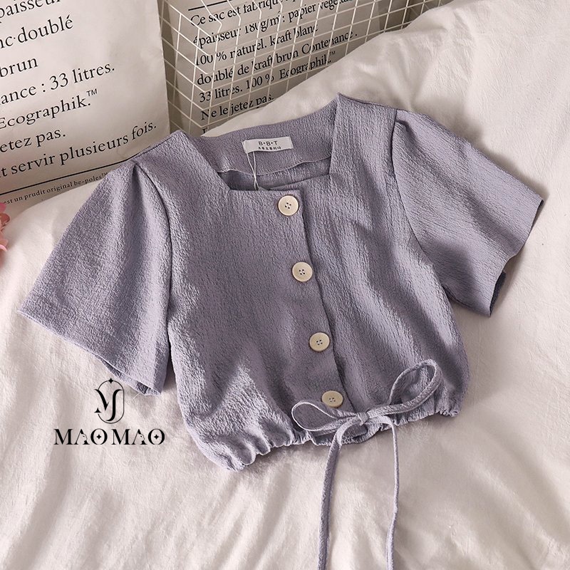 Áo Cổ Vuông tay ngắn ulzzang dáng croptop phối khuy độc đáo Hàn Quốc C51 - Maomao