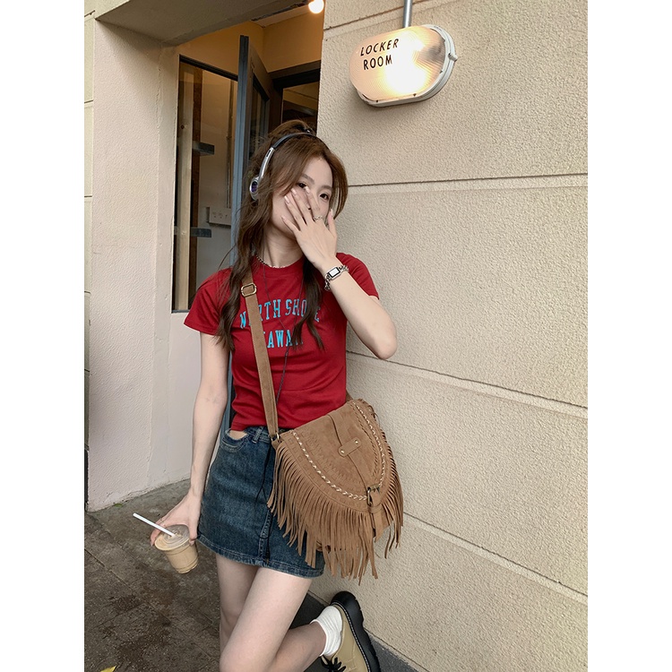 Áo Thun Ngắn Tay Cổ Tròn In Chữ Phong Cách retro Mỹ Cho Nữ