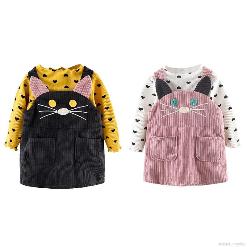 Set áo thun dài tay cổ tròn + Quần yếm dài đáng yêu cho bé gái