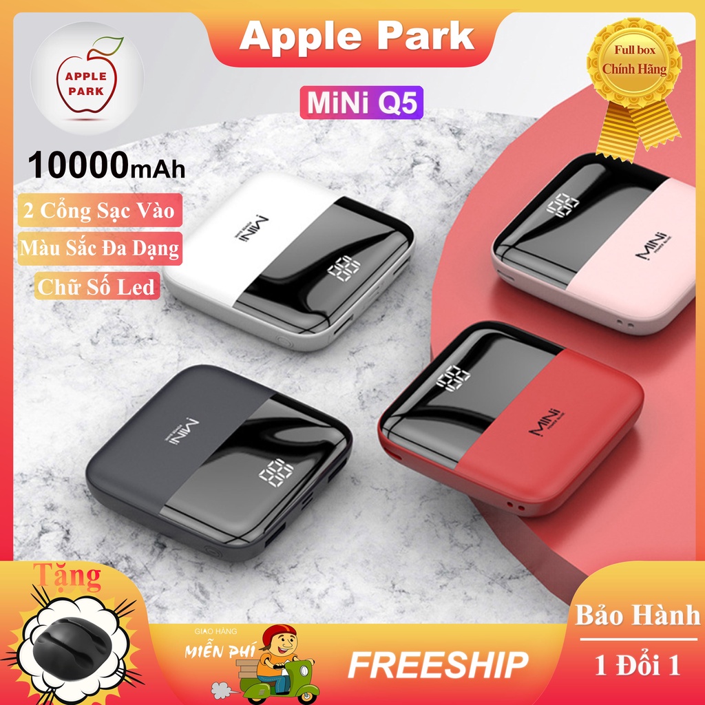 Sạc Dự Phòng Mini Q5 Sạc Nhanh Siêu Mỏng Mặt Kính Nhỏ Gọn Power Bank 10000mAh 2 Cồng Đầu Ra