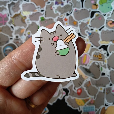 Bộ sticker mèo pusheen  trang trí mũ bảo hiểm, đàn, guitar, ukulele, điện thoại laptop