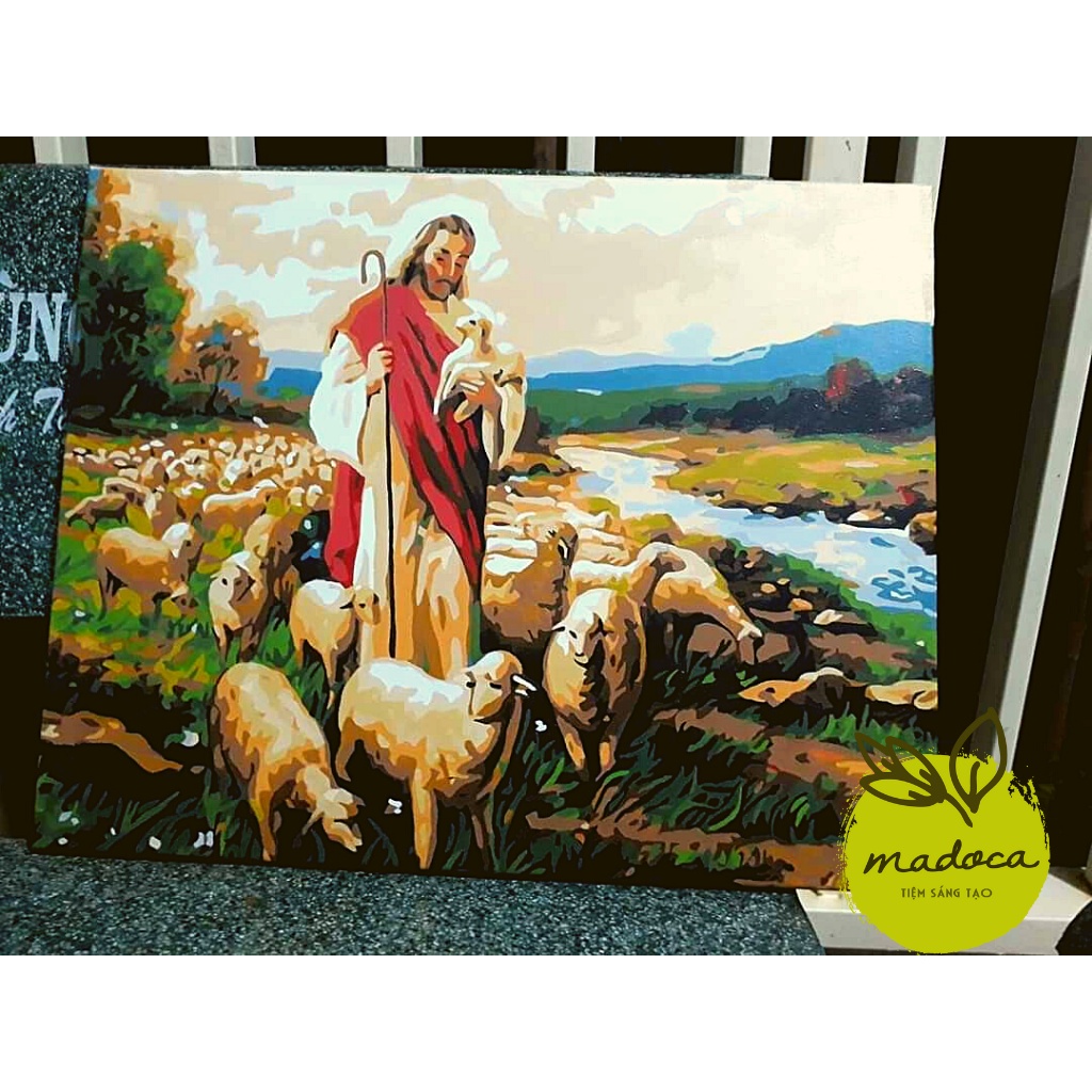 Tranh tô màu số hóa Madoca có khung 40x50cm Chúa Jesus và đàn cừu T2048