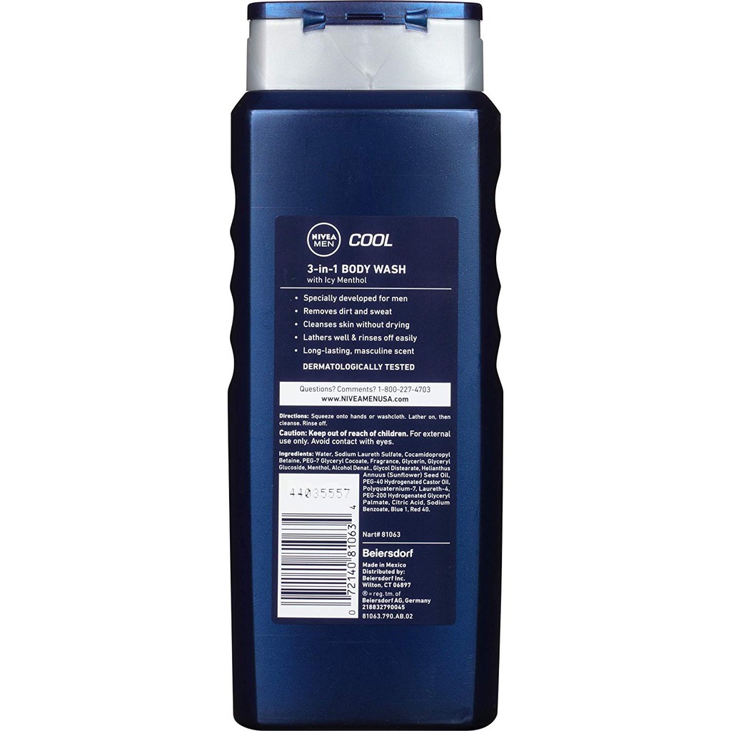 Gel tắm, gội, làm mát 3 trong 1 cho nam giới NIVEA Men Cool 3-in-1Body Wash 500ml (Mỹ)