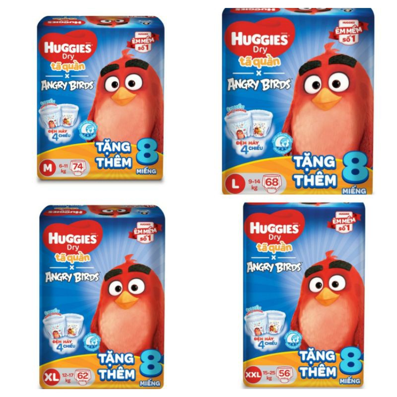 Tã quần Huggies Dry hoạ tiết Angry Bird size M74+8 / L68+8 / XL62+8 / XXL56+8