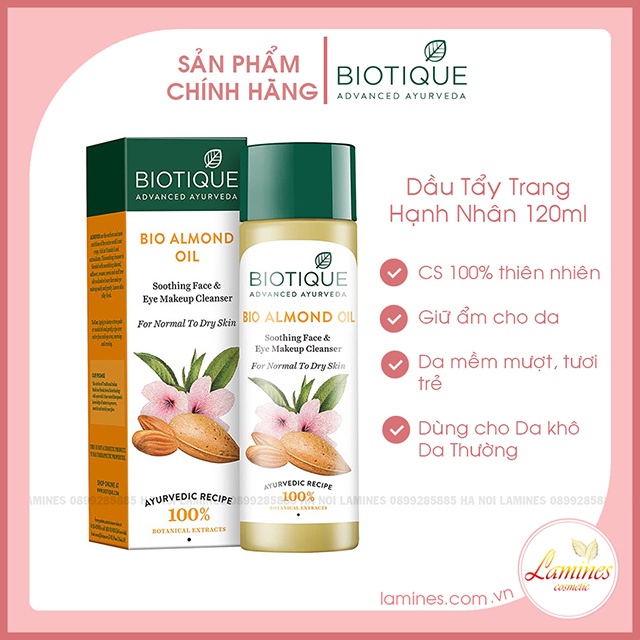 Dầu Tẩy Trang Hạnh Nhân Biotique Cho Da Thường Và Da Khô | Bio Almond Oil Soothing Face and Eye Makeup Cleanser 120ml