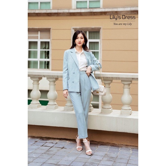 [SALE LỖ LẺ SIZE] Blazer 4 cúc dáng ngắn xanh mây và quần baggy xanh mây