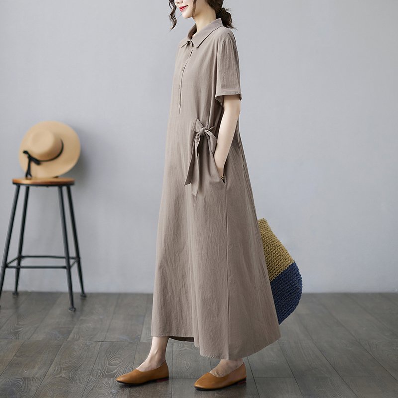 Váy sơ mi dáng dài thắt eo – Đầm sơ mi nữ form suông màu nâu vintage, chất linen mềm mát