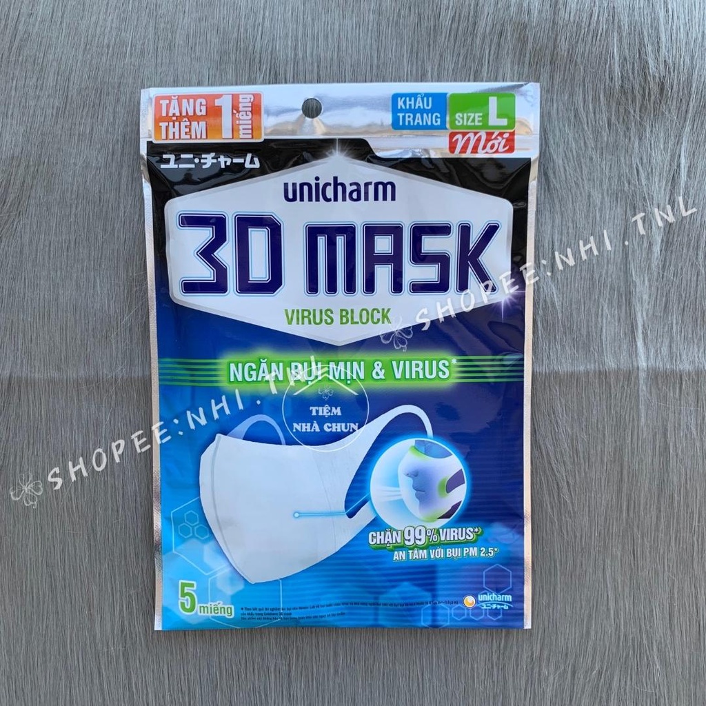 [CHÍNH HÃNG] Full Size S, M, L Gói 5 - 6 Miếng Khẩu Trang Unicharm 3D Mask Virus Block Nhật Bản Ngăn Bụi Mịn, Vi Khuẩn