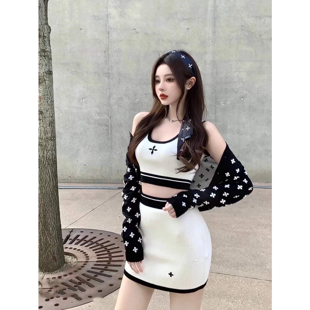 Cocory vn Áo khoác cardigan/set áo không tay và chân váy lưng cao kiểu dáng thời trang cho nữ (có bán lẻ)