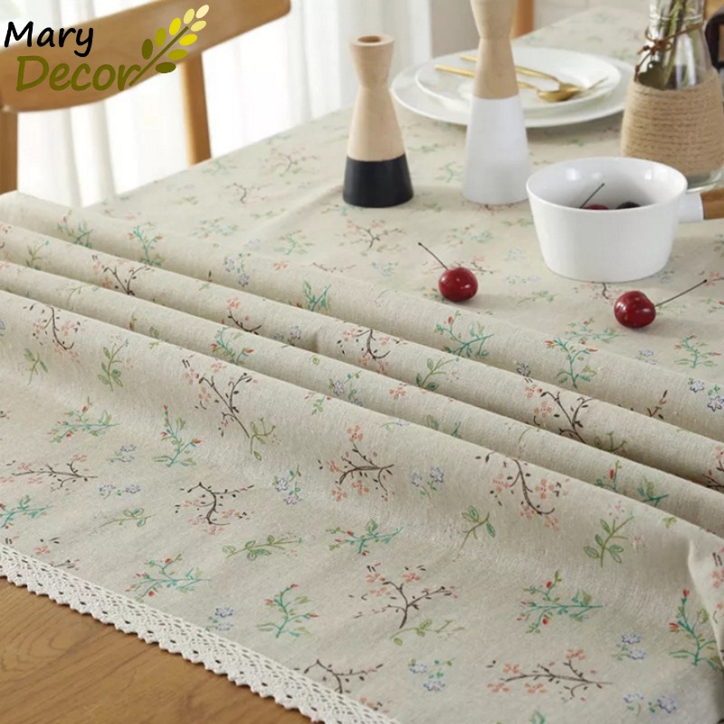 Khăn trải bàn vintage Mary Decor Quà tặng, trang trí bằng vải bố linen đẹp - họa tiết Dây hoa nhí - KB-G03