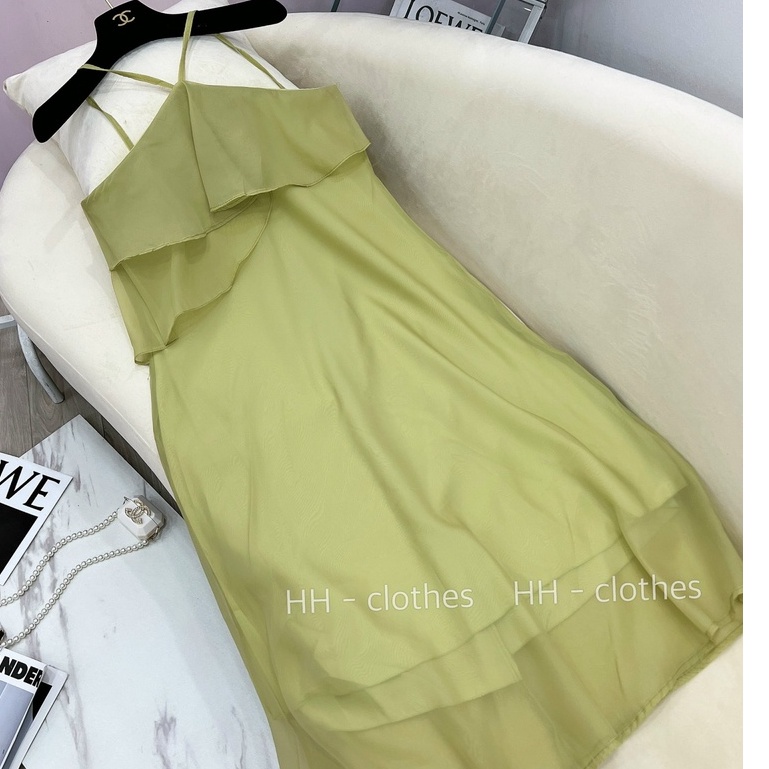 Váy Cổ Yếm Dáng Dài Hai Lớp Chất Voan Đứng Form Màu Xanh Cốm Xinh Xắn-dd38