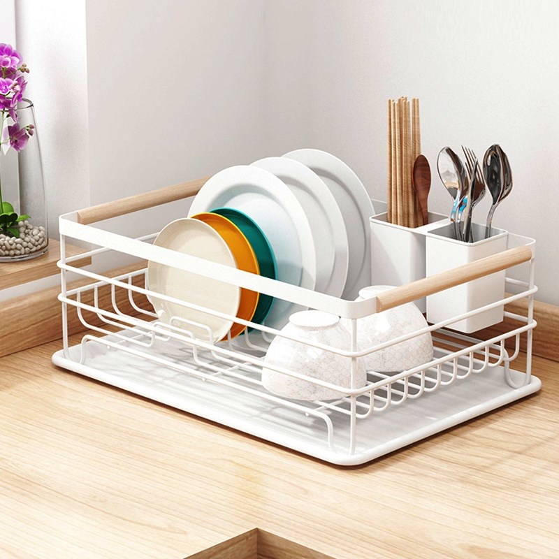 Kệ úp chén bát, giá úp chén bát một tầng kèm khay thoát nước tiện dụng có tay cầm bằng gỗ