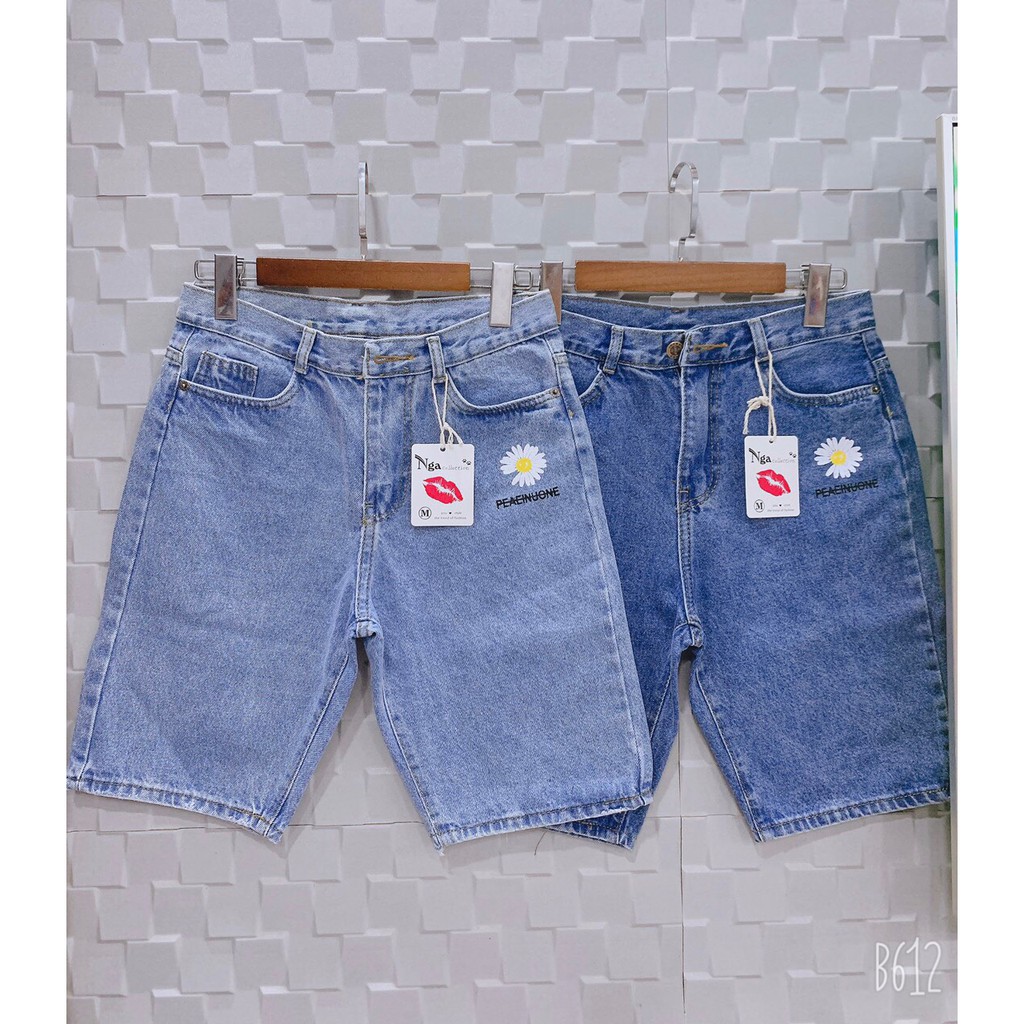 Quần jean ngố lửng thêu hoa cúc chữ gạch hot hti ảnh thật