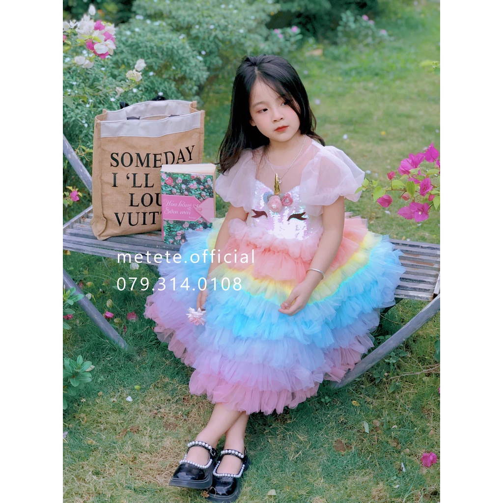Váy đầm công chúa thiết kế cho bé gái xếp Pony tầng kì lân kim sa nhiều màu sắc  - Mẹ Tê Tê