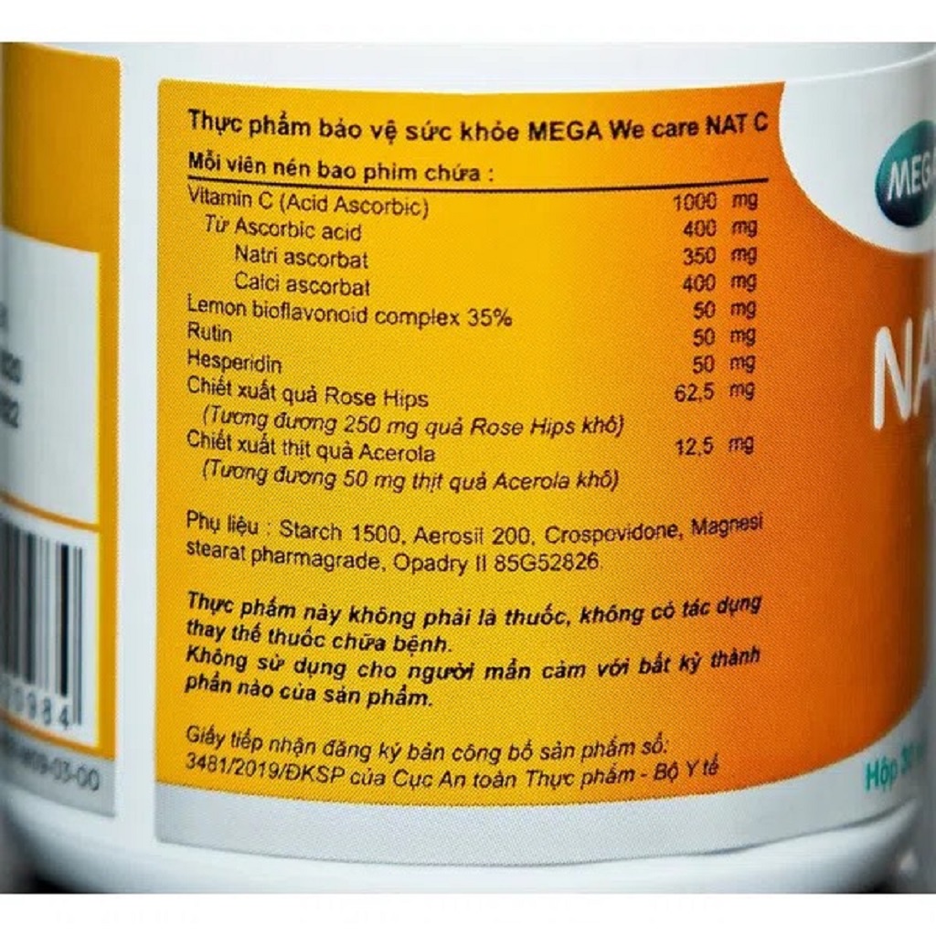 Viên uống bổ sung vitamin c Mega Nat C 1000mg làm đẹp da, tăng cường đề kháng lọ 30 - 60 viên